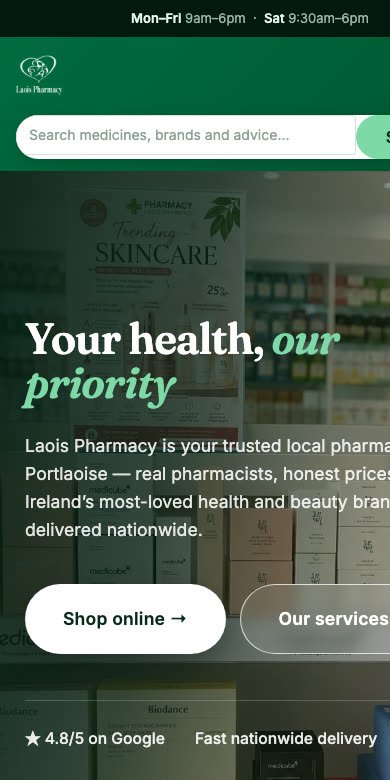 Laois Pharmacy website on a phone