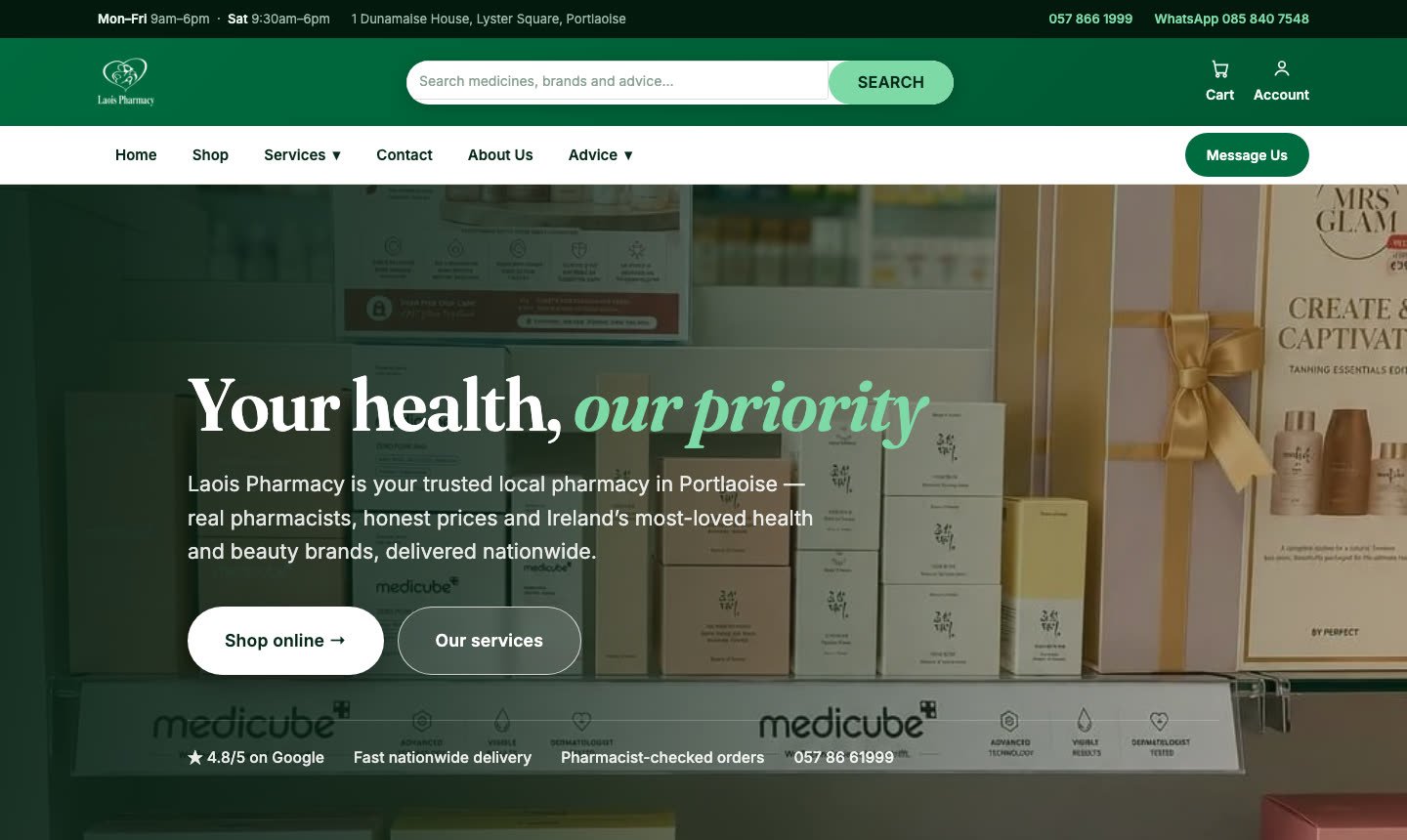 Laois Pharmacy website on a laptop, designed by Laois Web Design