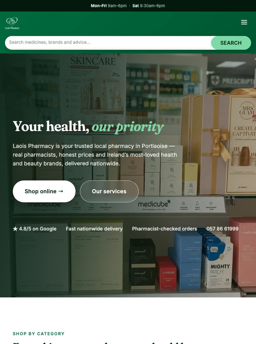 Laois Pharmacy website on a tablet