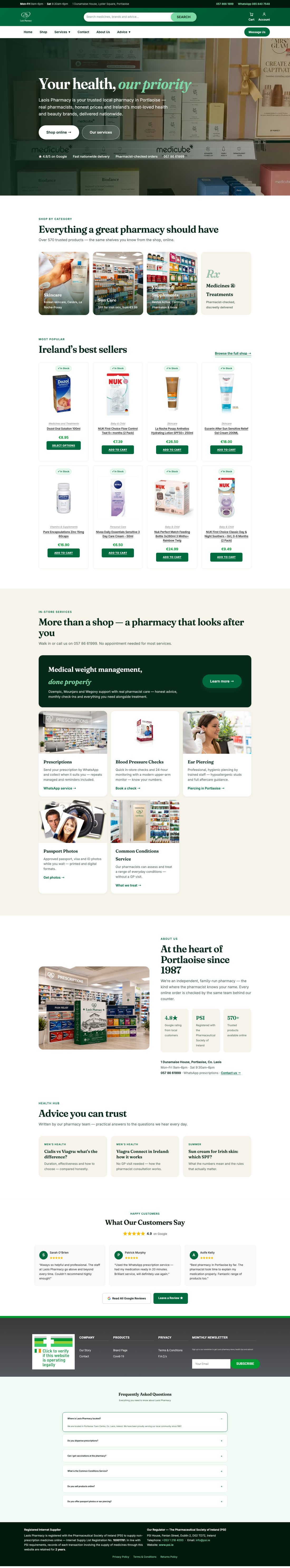 Full homepage of laoispharmacy.com designed by Laois Web Design, from hero to footer